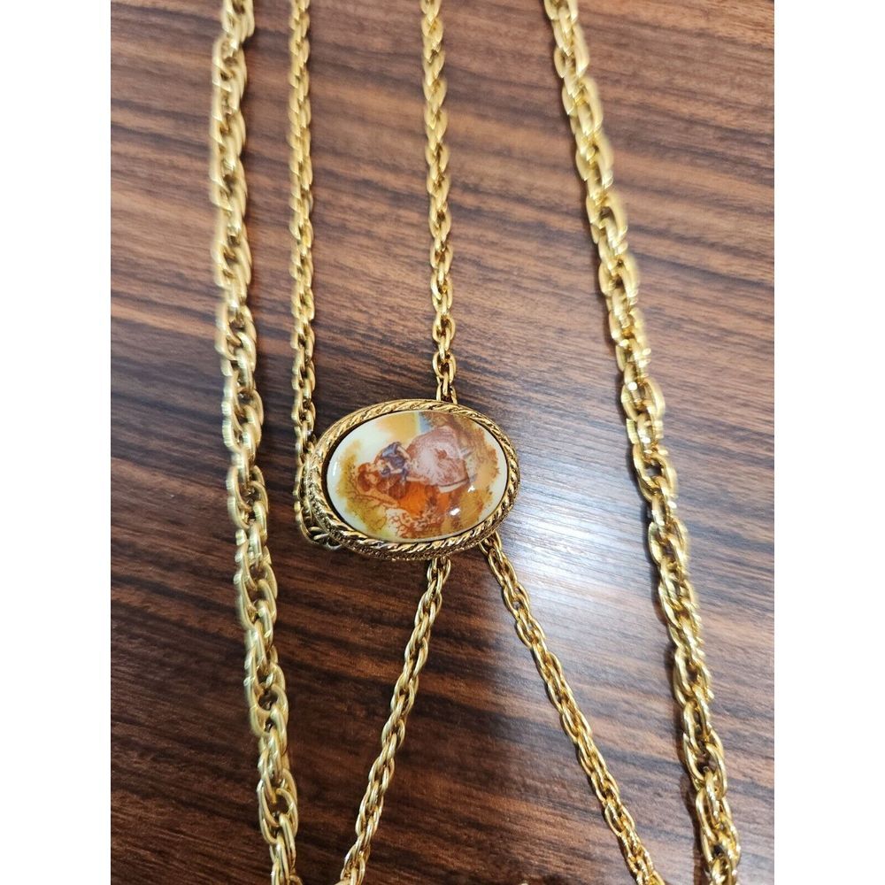 Renaissance Revival Couple Bolo Tie‎ Gold Tone Pearl Double Strand Necklace Rare - Picture 3 of 7